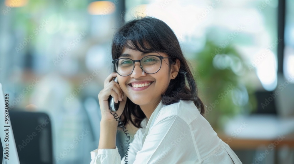 With a warm smile, a confident Indian woman talks on the phone at her stylish desk, surrounded by natural light and greenery in a contemporary office setting With a warm smile, a confident Indian woman talks on the phone at her stylish desk, surrounded by natural light and greenery in a contemporary office setting