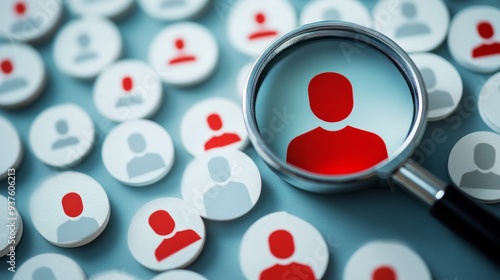 Magnifying Glass Highlighting Red Figure Among White Icons