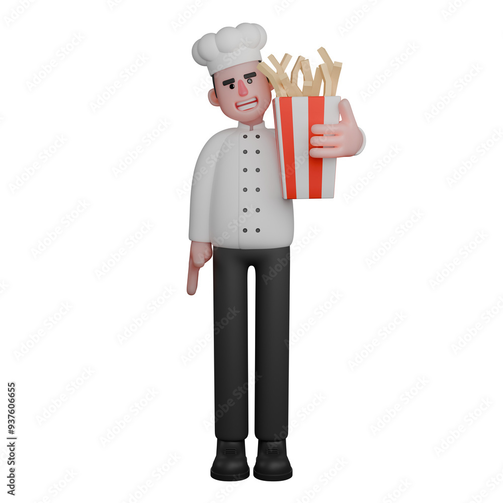 Male Chef Illustration in 3D. A confident chef is holding a box of French fries with one hand. Professional Male Chef Illustration in 3D. A confident chef is holding a box of French fries with one hand. Professional