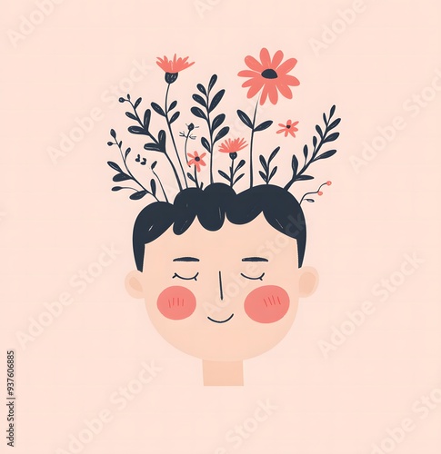 Head with growing flowers. Mental health. Harmony and happiness. Healthy mentality and self care photo