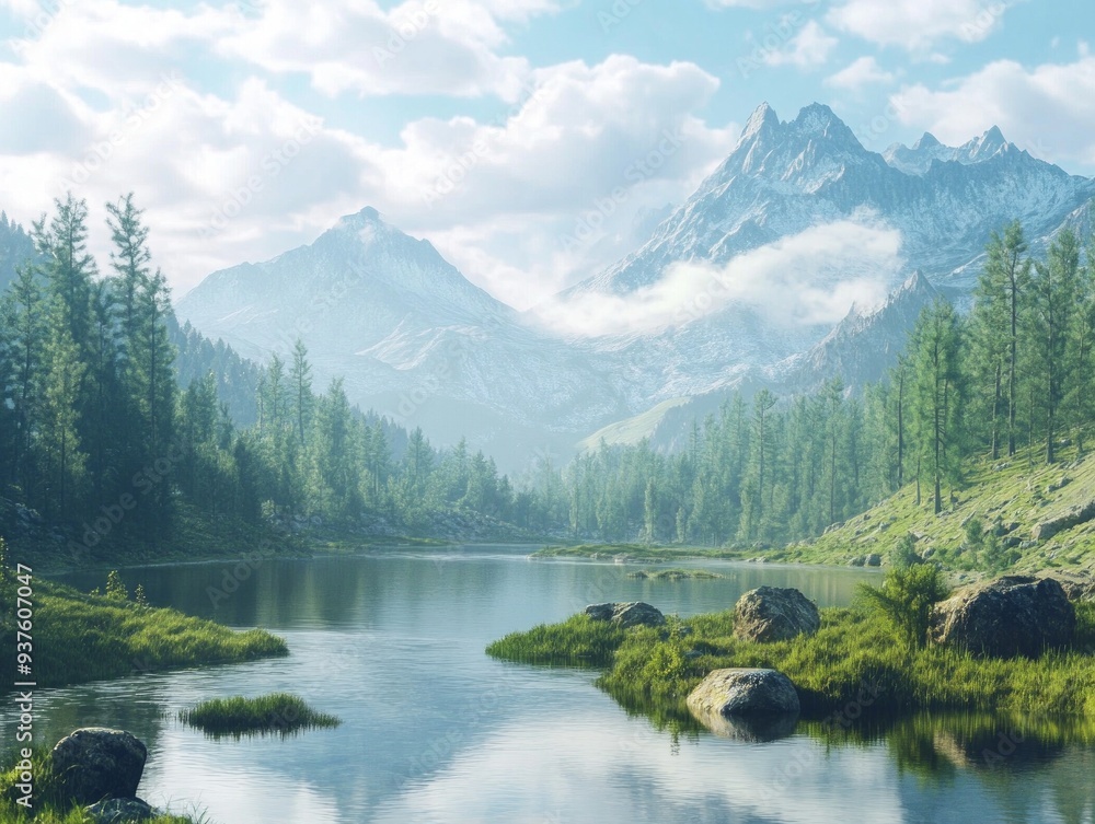 Fototapeta premium serene nature landscape featuring majestic mountains, tranquil rivers, and lush forests, evoking a peaceful and calming atmosphere, perfect for natural and scenic visuals