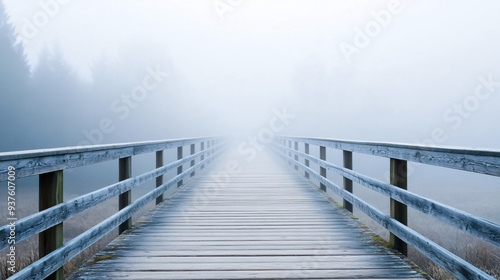 A wooden bridge stretches forward into a dense fog, with no visible end, creating a tranquil yet haunting scene.