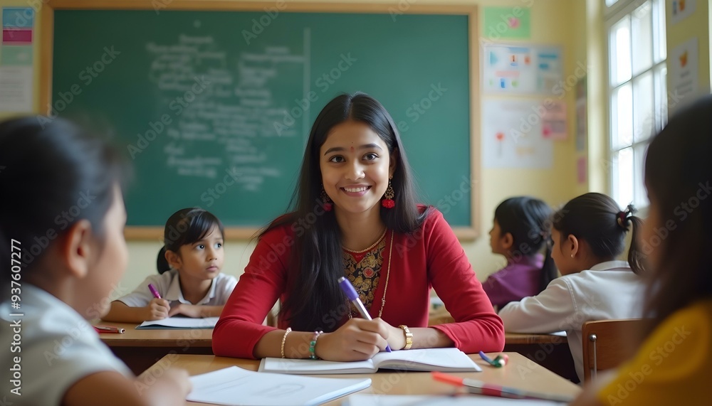 Asian children and Female teacher in classroom at elementary school. Examination, Learning and Education. Asian children and Female teacher in classroom at elementary school. Examination, Learning and Education.