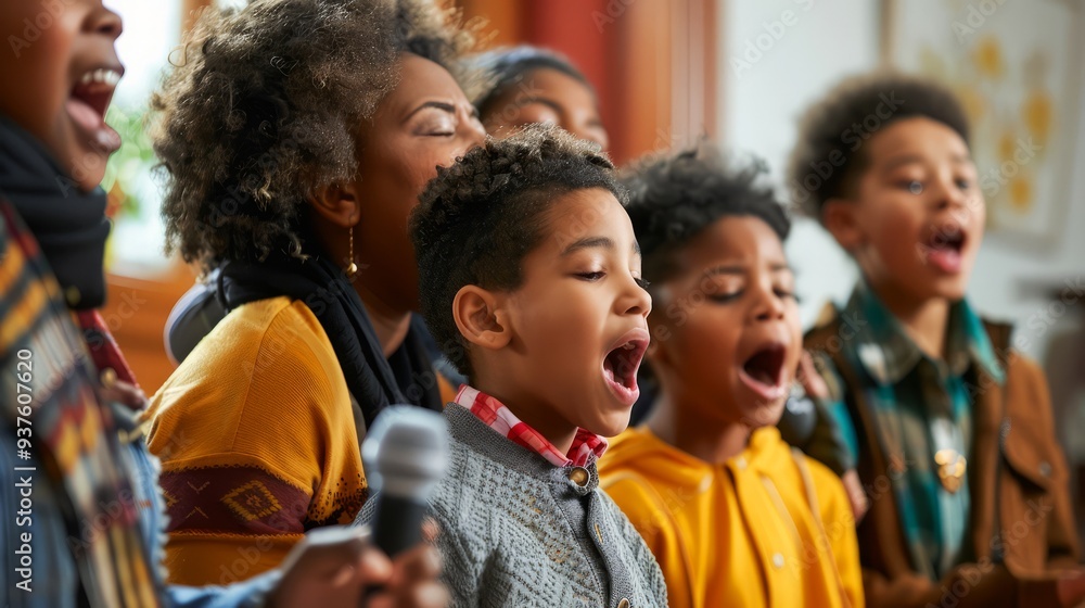 Fototapeta premium Joyful Family Singing Together At Home. (29 Words, 129 Characters)