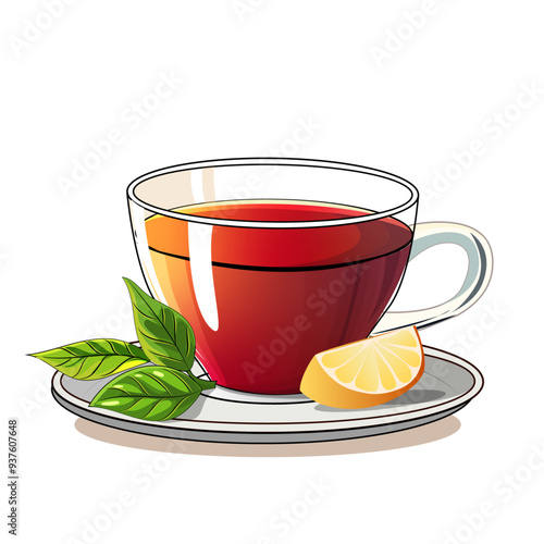 Hot green tea with lemon illustration style 