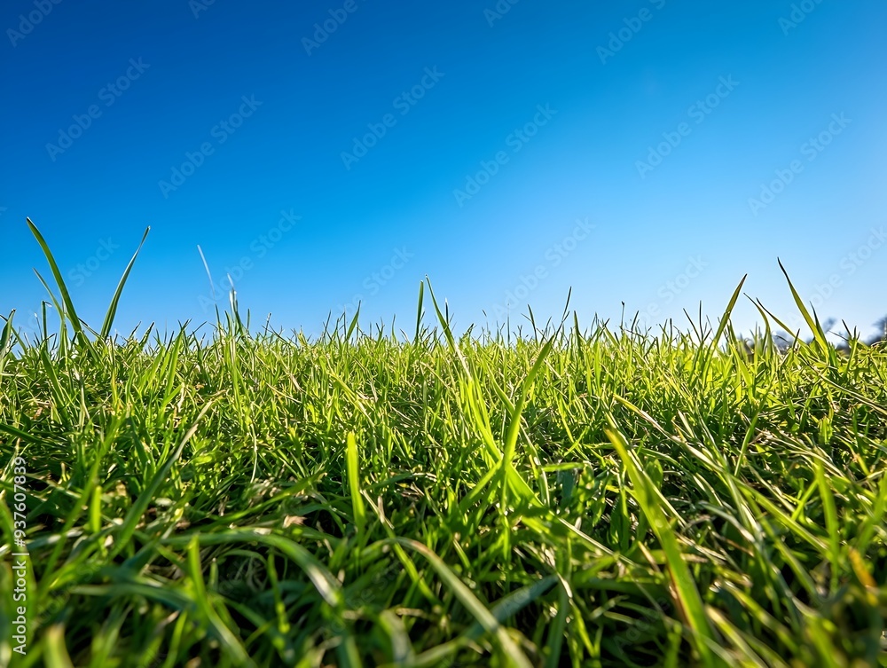 Fototapeta premium Early Morning Scenic Landscape with Green Grass and Clear Blue Sky Background