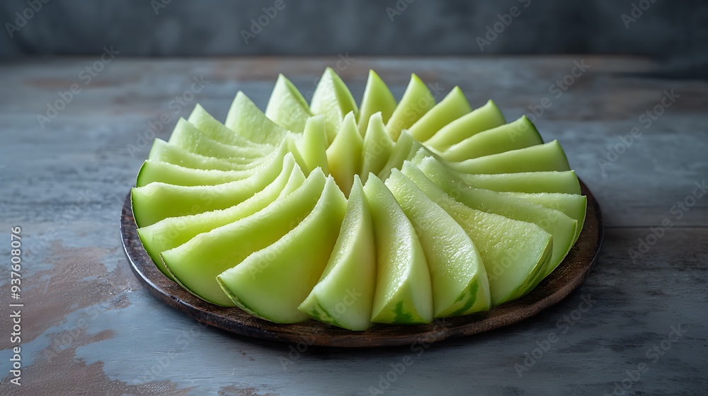Honeydew melon wedges arranged in a spiral pattern on a platter. Honeydew melon wedges arranged in a spiral pattern on a platter.