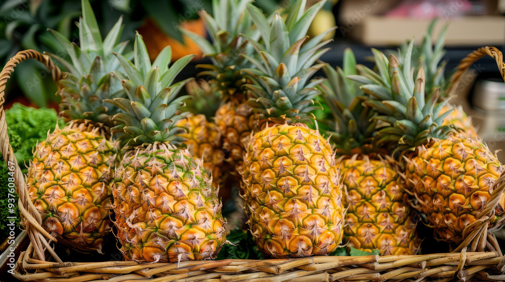 Ripe Pineapples In A Wicker Basket, Ready To Eat. Ripe Pineapples In A Wicker Basket, Ready To Eat.