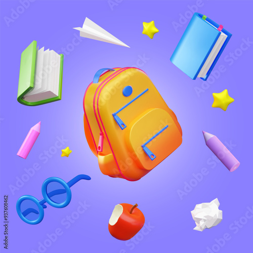 A bright backpack is surrounded by items like books, pencils, glasses, an apple, and paper planes on a vibrant purple background,3d vector illustration