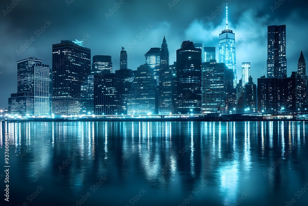 Fototapeta premium Beleuchtete Straße in New York bei Nacht mit Lichteffekten durch Langzeitbelichtung