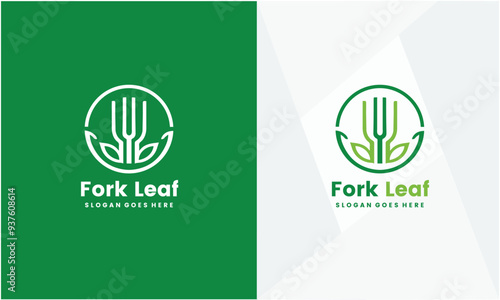 Healthy food logo design with spoon and leaf elements. premium vector on EPS10 file