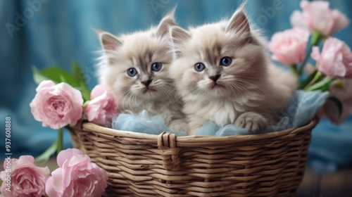 Adorable Kittens in a Basket with Pink Roses