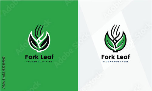 Healthy food logo design with spoon and leaf elements. premium vector on EPS10 file