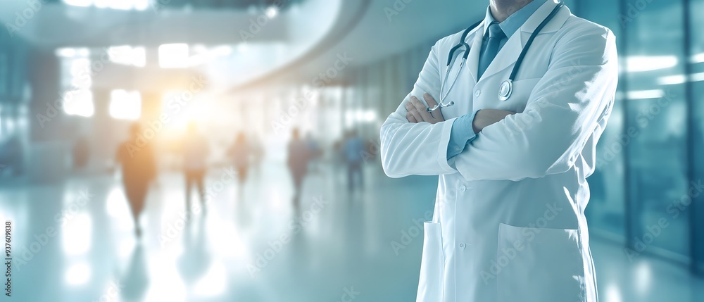 Healthcare and medical concept. Medicine doctor with stethoscope in hand and Patients come to the hospital background Healthcare and medical concept. Medicine doctor with stethoscope in hand and Patients come to the hospital background