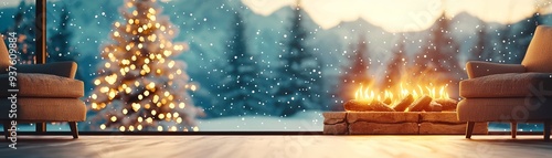 Cozy winter scene featuring a decorated Christmas tree, warm fireplace, and snow-covered mountains in the background.