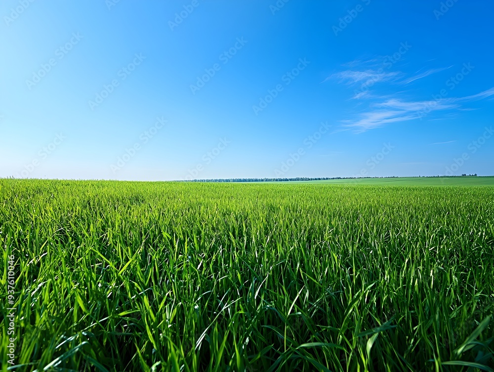 Fototapeta premium Vast Expansive Green Meadow Under Blue Sky with Fluffy Clouds