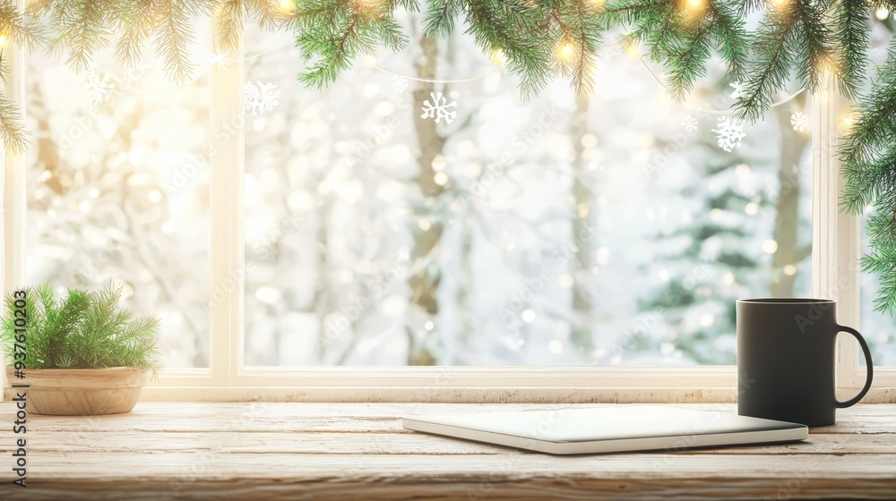 Cozy winter scene with a mug and a notebook on a wooden table, adorned with festive greenery and soft light from the window. Cozy winter scene with a mug and a notebook on a wooden table, adorned with festive greenery and soft light from the window.