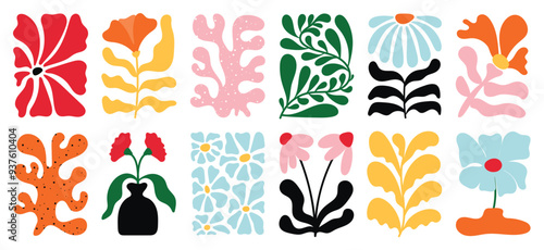 Botanical doodle background vector set. Flower and leaves abstract shape doodle art design for print, wallpaper, clipart, wall art for home decoration.