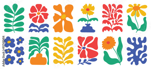 Botanical doodle background vector set. Flower and leaves abstract shape doodle art design for print, wallpaper, clipart, wall art for home decoration.