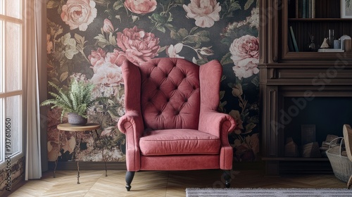 Comfortable armchair near wall with floral wallpaper. Stylish living room interior , ai