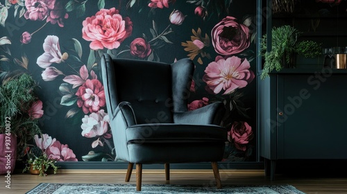 Comfortable armchair near wall with floral wallpaper. Stylish living room interior , ai