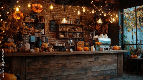 A charming, rustic coffee shop featuring a wooden counter and exposed brick walls. Cozy autumn decor, including pumpkins and string lights, enhances the warm and inviting atmosphere