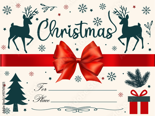 Christmas card with red bow and reindeer design