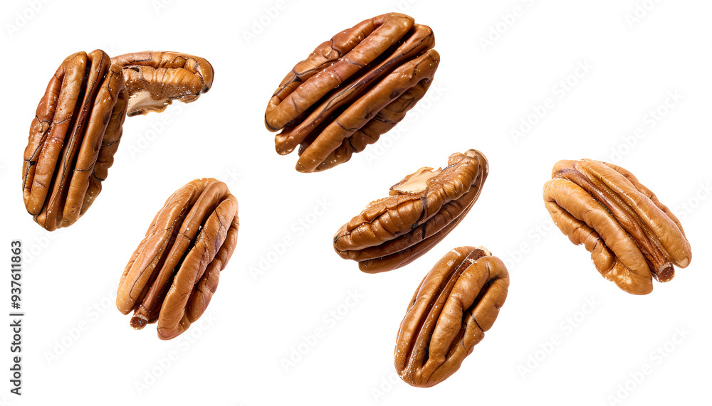 Falling pecan nuts isolated on white background with clipping path Falling pecan nuts isolated on white background with clipping path