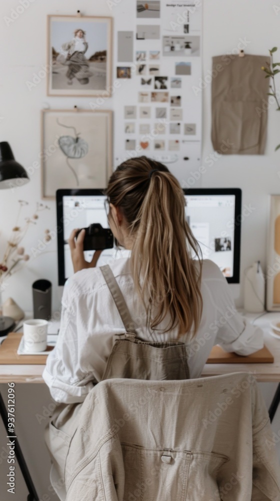 An interior designer sits at her desk, surrounded by sketches and aesthetic decor, capturing the essence of her creative workspace through her camera, deep in concentration An interior designer sits at her desk, surrounded by sketches and aesthetic decor, capturing the essence of her creative workspace through her camera, deep in concentration
