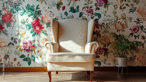 Comfortable armchair near wall with floral wallpaper. Stylish living room interior , ai