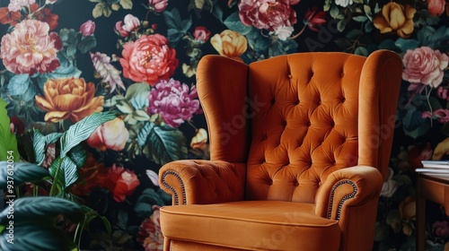 Comfortable armchair near wall with floral wallpaper. Stylish living room interior , ai