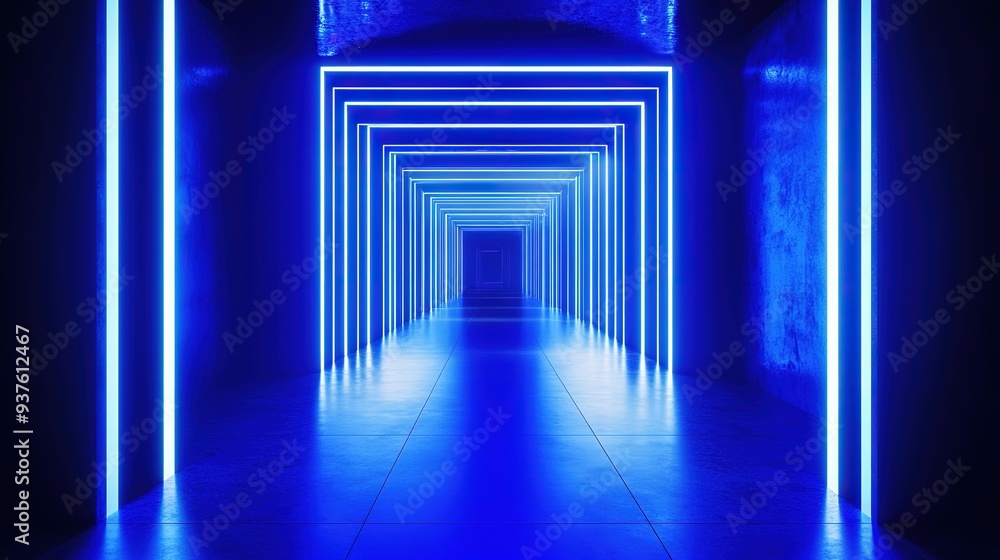 Fototapeta premium Blue neon triangle tunnel illuminated, creating a futuristic atmosphere in a dark environment