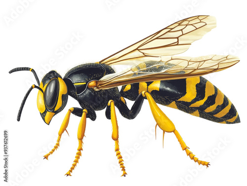 A detailed illustration of a bee showcasing its vibrant yellow and black stripes, highlighting its delicate wings and features.