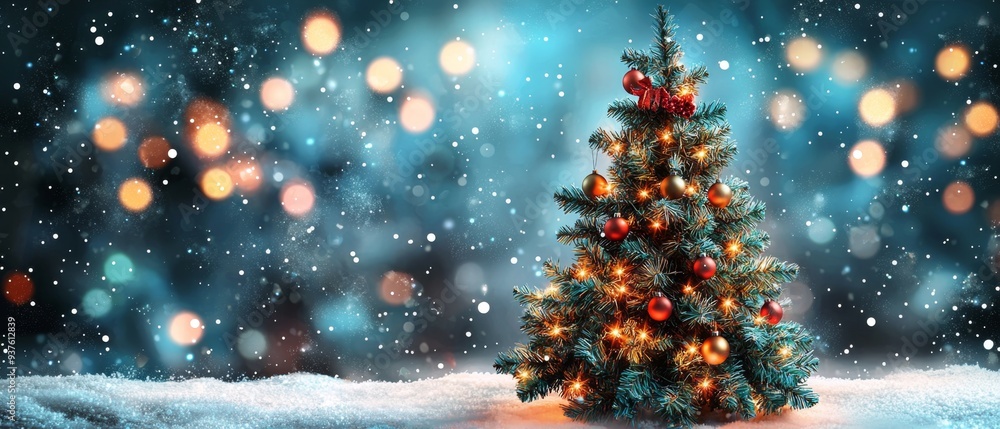 Enchanted Winter Wonderland with Decorated Christmas Tree and Snowflakes Enchanted Winter Wonderland with Decorated Christmas Tree and Snowflakes