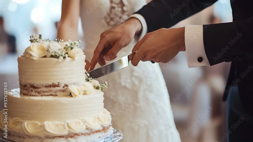 Newlywed couple cutting the delicious wedding cake together in a joyous of their marriage and new beginning The elegant cake stands as a symbol of their commitment and unity on this special occasion Newlywed couple cutting the delicious wedding cake together in a joyous of their marriage and new beginning The elegant cake stands as a symbol of their commitment and unity on this special occasion
