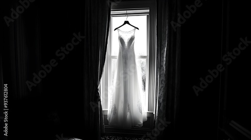 Stunning white wedding dress with delicate lace and tulle details hanging gracefully in a window providing ample copy space for your design or message