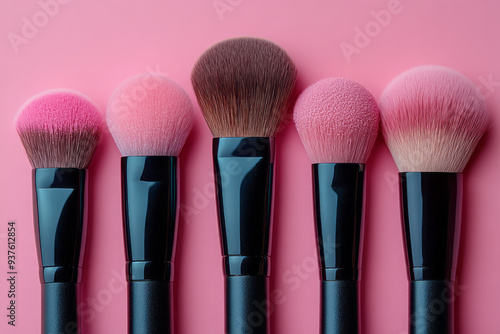 A makeup brush set, isolated on a soft pastel pink background, symbolizing the tools of beauty application,