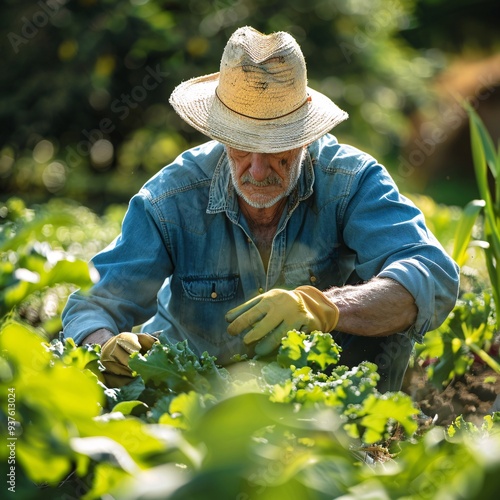 5. Senior gardener in straw hat, clad in denim shirt, carefully tending to plants, crouching within green leaves, gloves on hands, focused demeanor, vegetable patch glowing in sunlight, tranquil photo