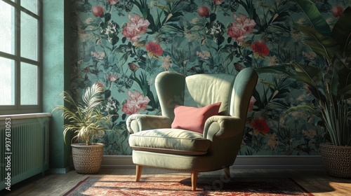 Comfortable armchair near wall with floral wallpaper. Stylish living room interior , ai
