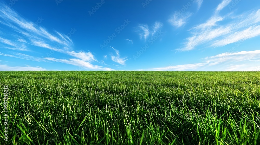 Expansive green field with clear blue sky and fluffy clouds in morning light Expansive green field with clear blue sky and fluffy clouds in morning light