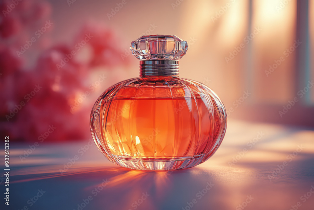 A bottle of perfume, isolated on a pastel peach background, capturing the essence of fragrance and allure, A bottle of perfume, isolated on a pastel peach background, capturing the essence of fragrance and allure,