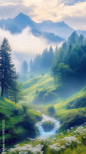 Small river flowing through green meadow in misty mountains