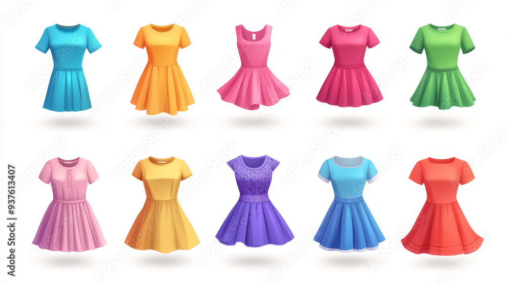 A vibrant set of 3D colored clothes, including a dress, shorts, t-shirt, and skirt. These isolated vector icons are designed in a cartoon style, complete with shadows to give them a realistic touch. T A vibrant set of 3D colored clothes, including a dress, shorts, t-shirt, and skirt. These isolated vector icons are designed in a cartoon style, complete with shadows to give them a realistic touch. T