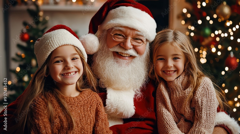 A cinematic family portrait with Santa Claus, surrounded by festive decor and warm lighting. The family poses joyfully, creating a magical and heartwarming holiday scene. A cinematic family portrait with Santa Claus, surrounded by festive decor and warm lighting. The family poses joyfully, creating a magical and heartwarming holiday scene.