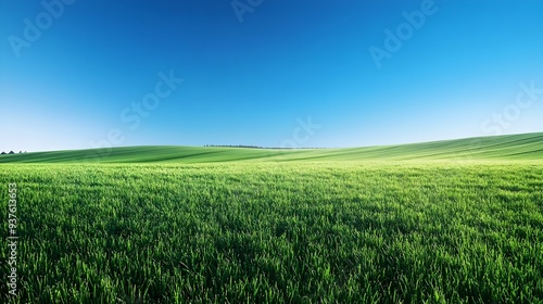 Vast Expanse of Tranquil Green Meadow Under Clear Blue Sky in Early Morning Countryside Scene