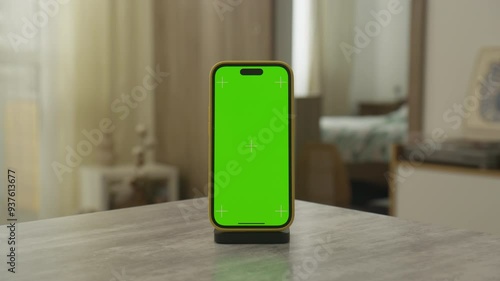 Wallpaper Mural Zoom Out Smartphone with Green Chroma Key Screen on Table Torontodigital.ca