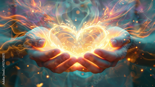 A mesmerizing visualization of the heart chakra, depicted as a radiant heart held within open palms. photo