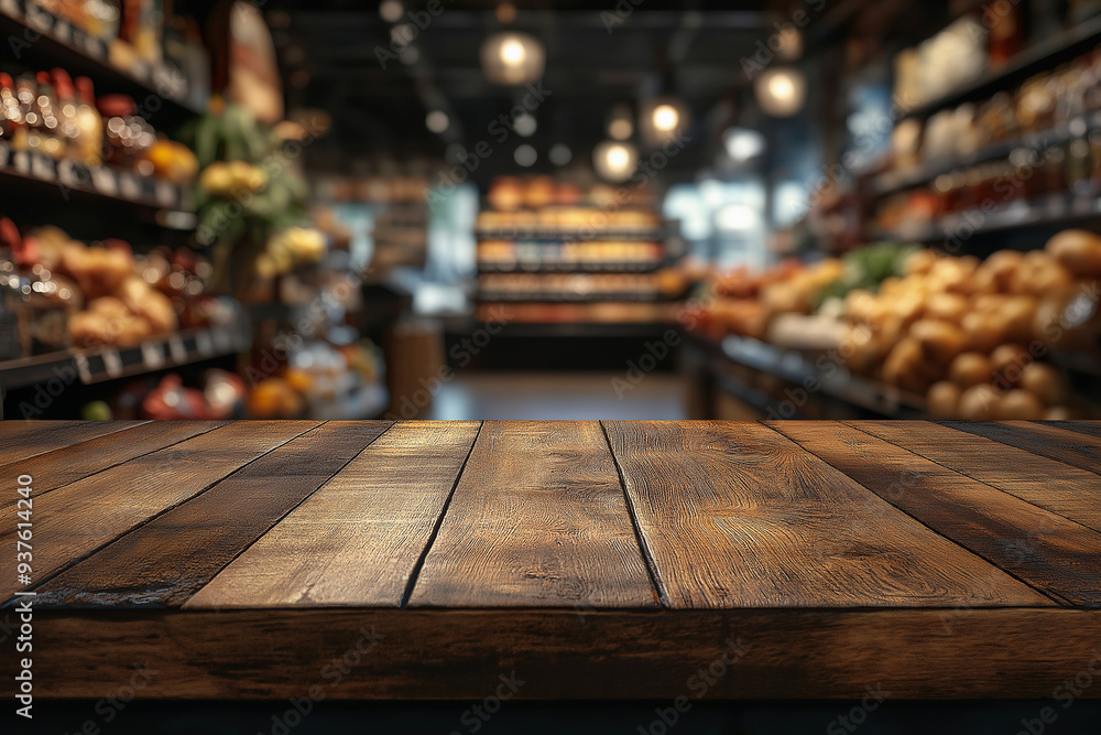 Supermarket Blurred Background with Wooden Tabletop Supermarket Blurred Background with Wooden Tabletop