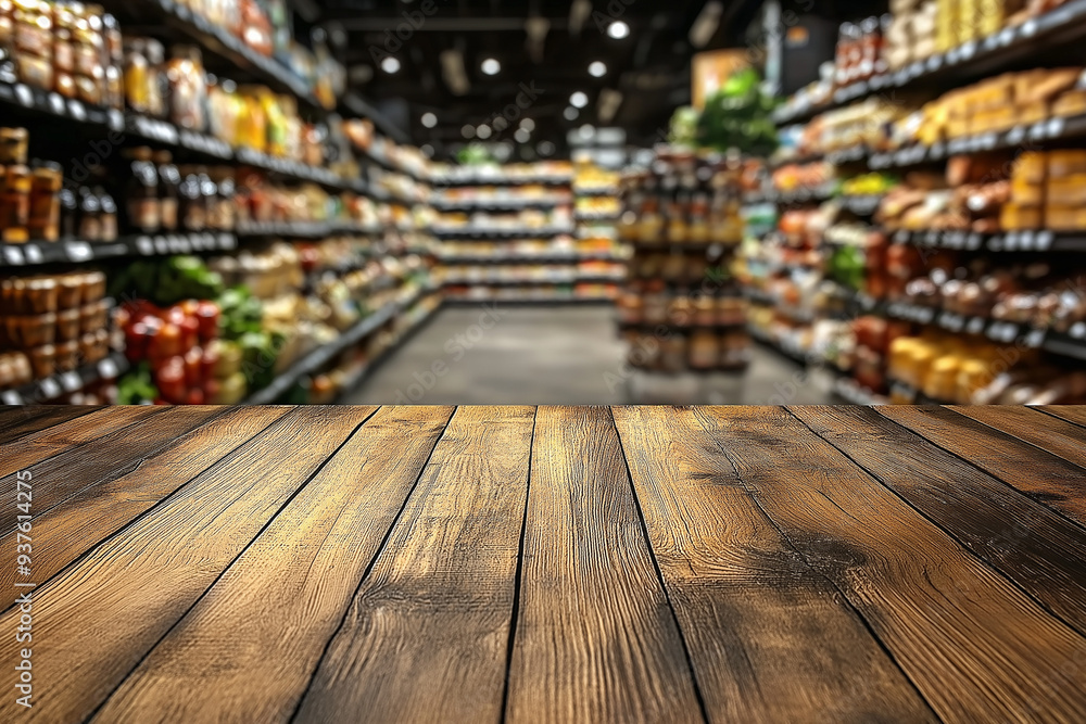 Wooden table top with a blurred background of a supermarket store Wooden table top with a blurred background of a supermarket store