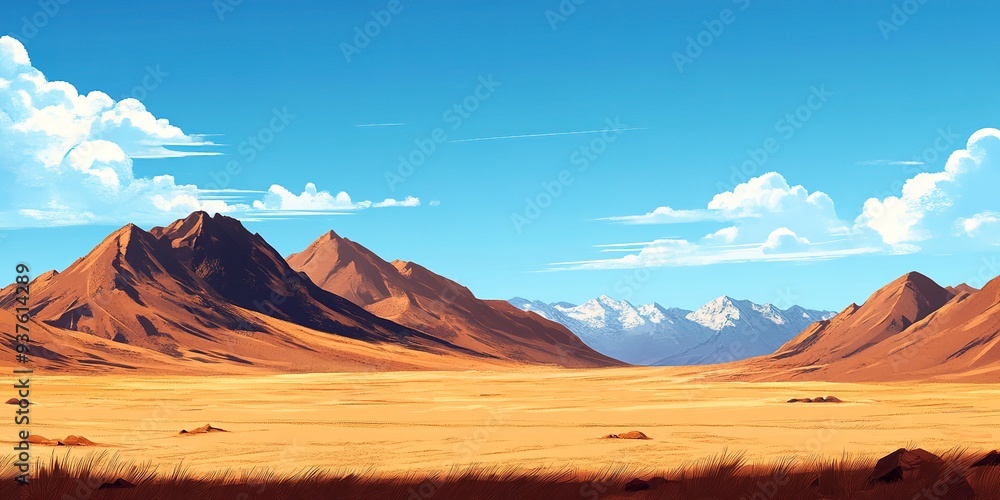 Naklejka premium Brown desert landscape with mountains under blue sky, To convey a sense of vastness and aridness in a visually appealing way, suitable for travel